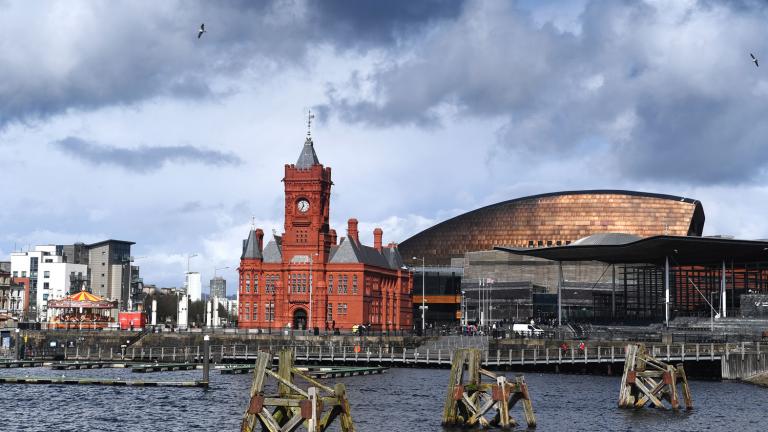 Pierhead building and Millennium Centre in Cardiff Bay. Image taken from Barrage side of the bay under moody skies
