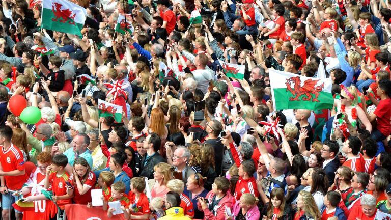 A crowd of Wales football fans.