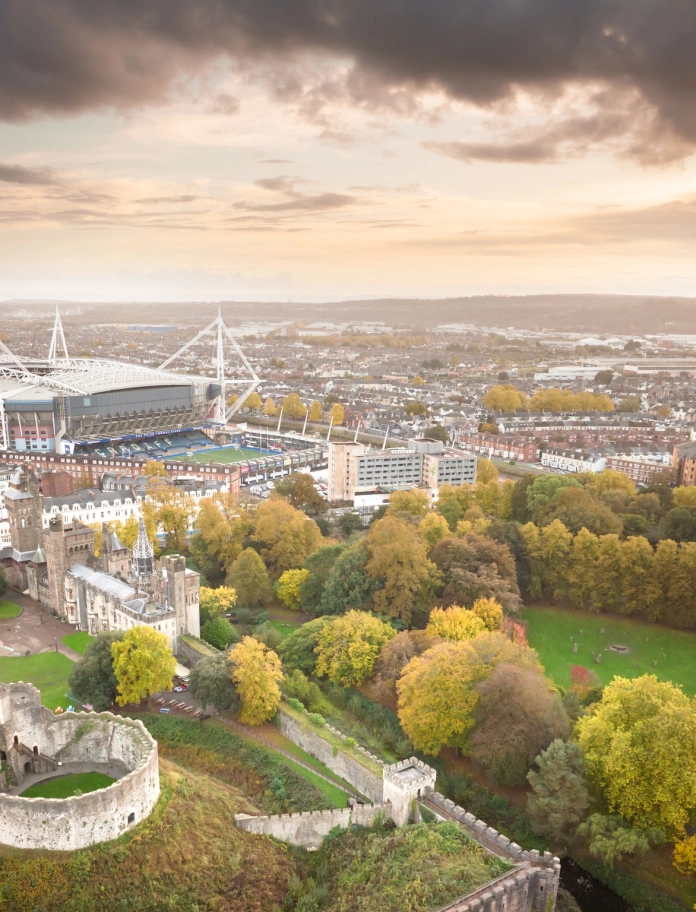 A birds eye view of the Principality Stadium and Cardiff Castle.