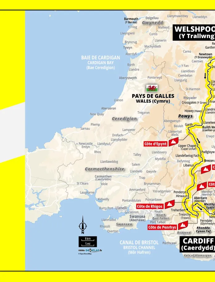 A visual representation of the Tour De France 2027 Stage 3 through Wales, with the route shown in yellow on a map from Welshpool to Cardiff