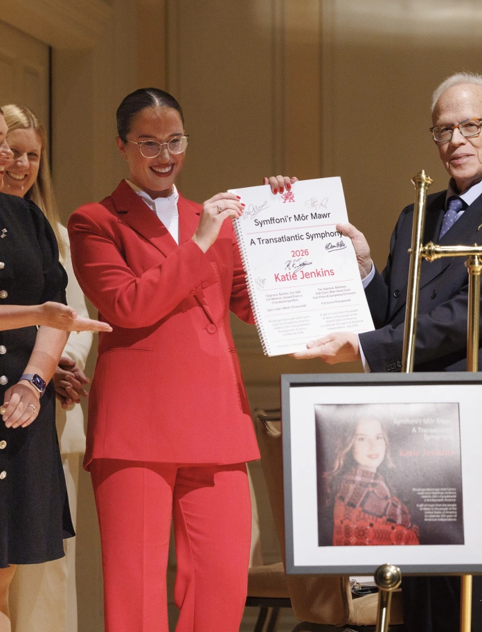 With Heledd Fychan, Welsh Cabinet Minister for Culture and Katie Jenkins presenting Wales' Gift of Music to Robert Newlen at the Library of Congress 