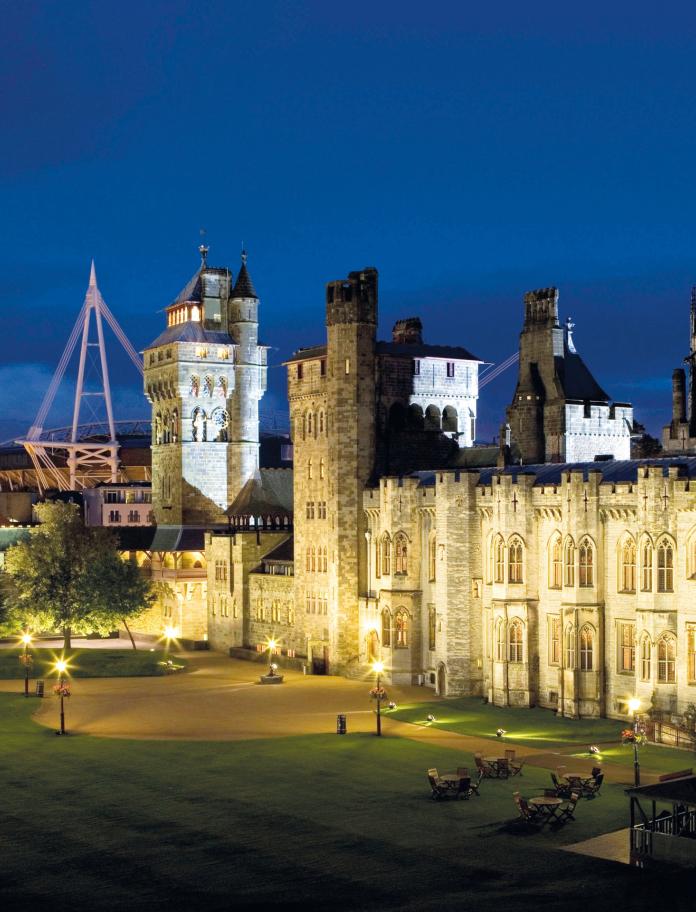 Cardiff Castle exterior at night