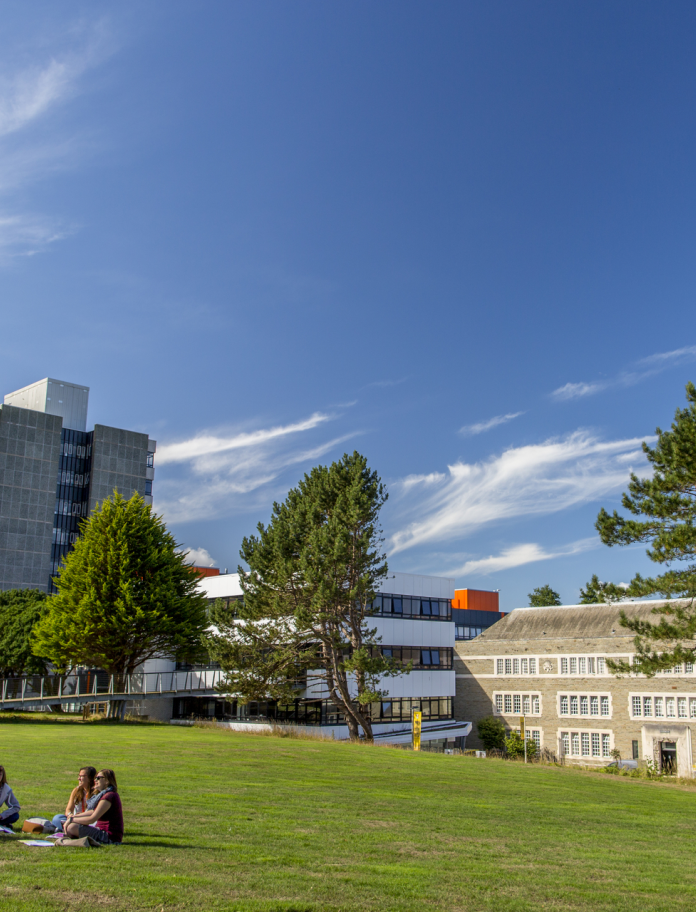 Des étudiants assis sur la pelouse à l'extérieur du bâtiment de l'université