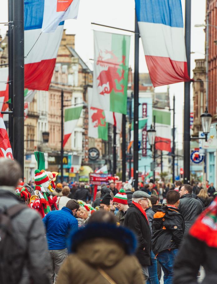 Image of busy street in Cardiff on an international rugby day.