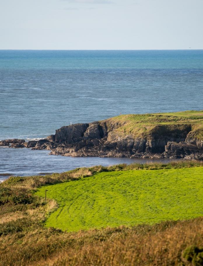 Küstenlandschaft mit grasbedeckten Felsen im Vordergrund und Meer im Hintergrund