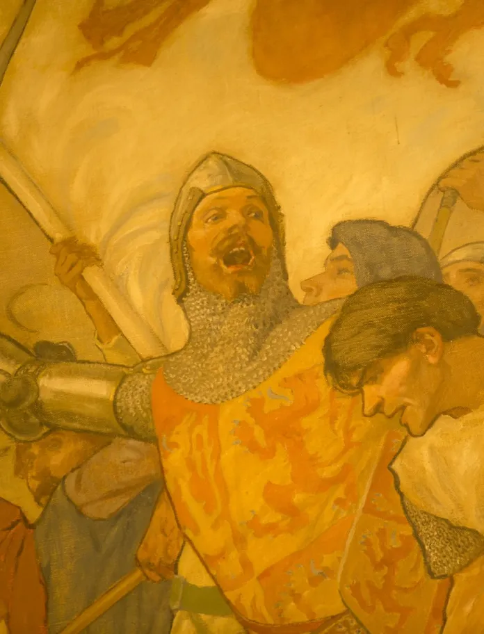 A painting of Owain Glyndwr in battle with a sword