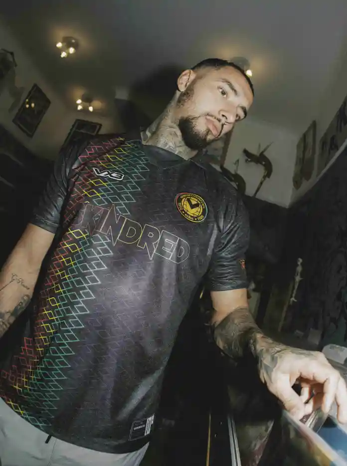 An image of the limited edition Newport County AFC shirt being worn during a promotion shoot