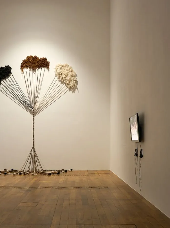 A large sculpture resembling a tree made of delicate materials, such as cotton and wool, stands in a gallery with a video projection of circular drawing movements on the adjacent wall.