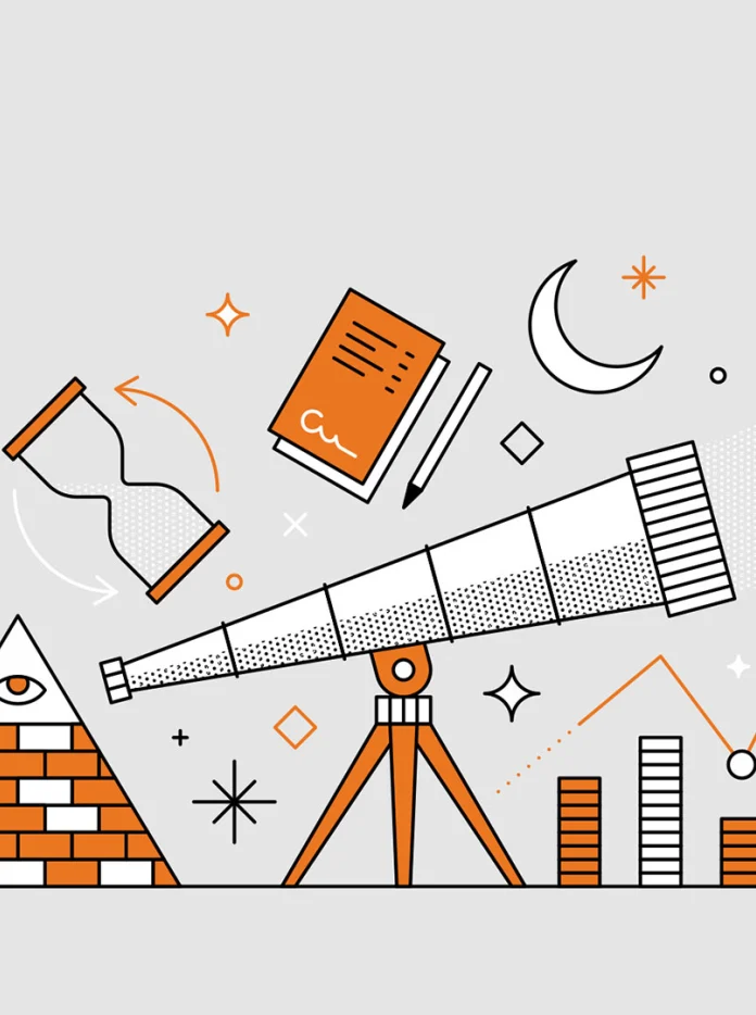 Infografía del telescopio rodeado de iconos astronómicos y matemáticos