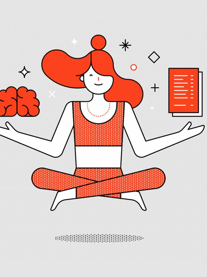 Infografía de una mujer practicando yoga equilibrando un cerebro y lista en cada mano