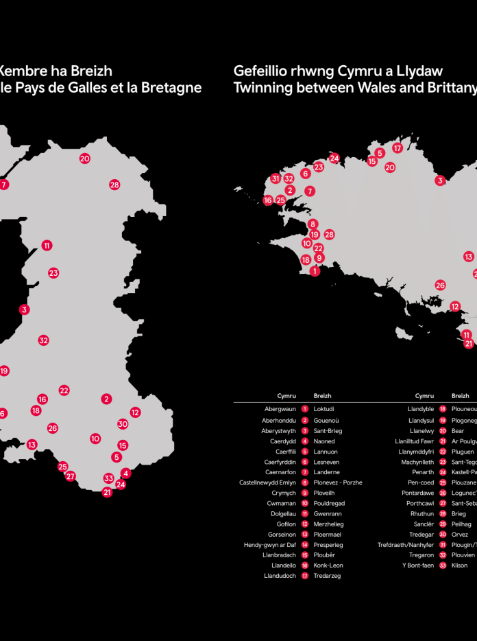 Two maps showing the twinned villages, towns and cities of Wales and Brittany, France