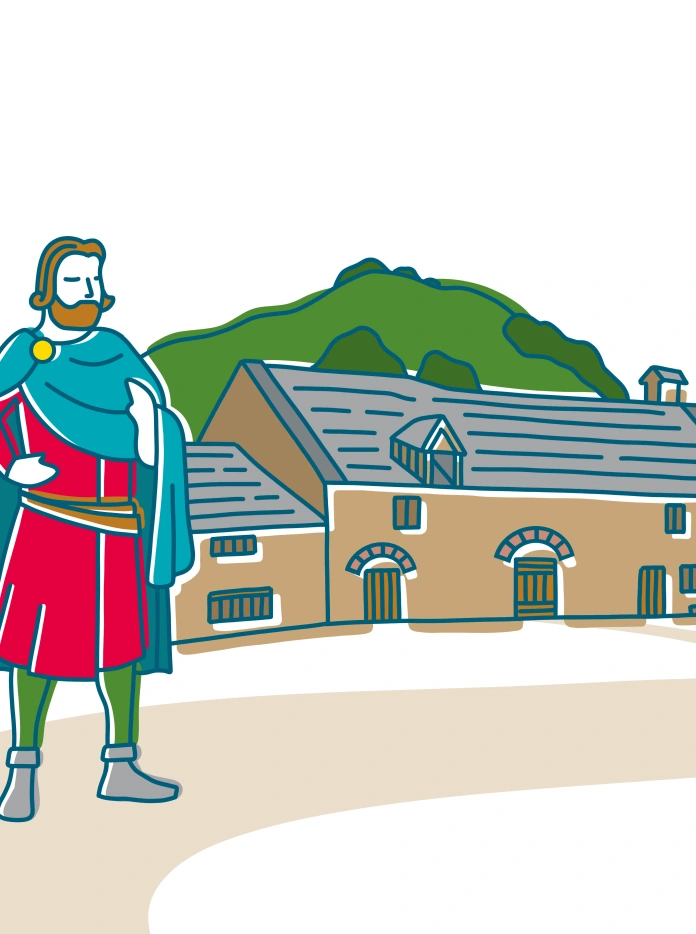 An illustration of Owain Glyndwr standing outside a building