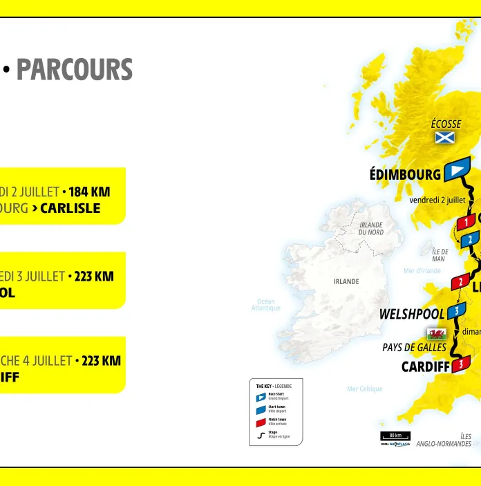 A visual representation of the Tour De France 2027 route through Scotland, England and Wales