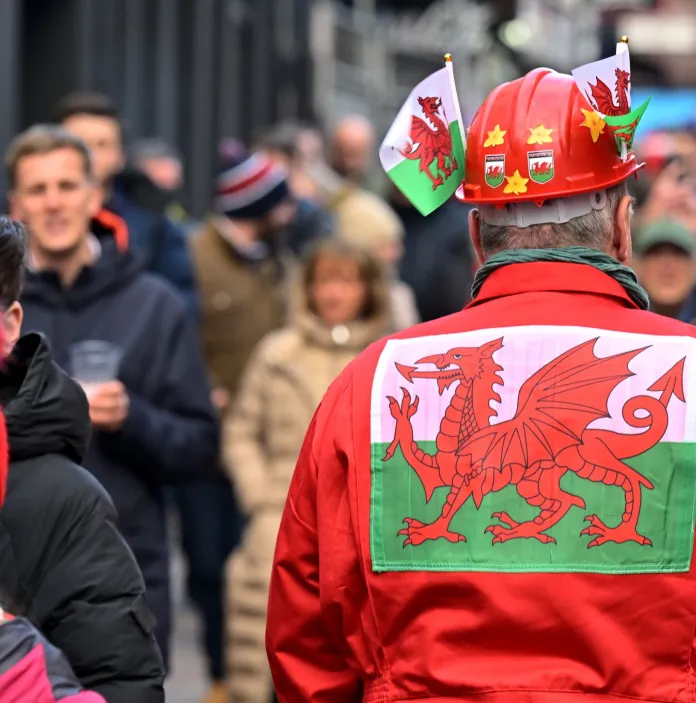 The back of a person wearing Wales flags.