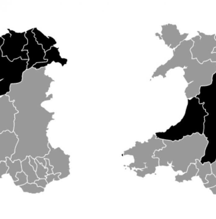 Two maps of Wales, one highlighting the North Wales region the other the Mid Wales region