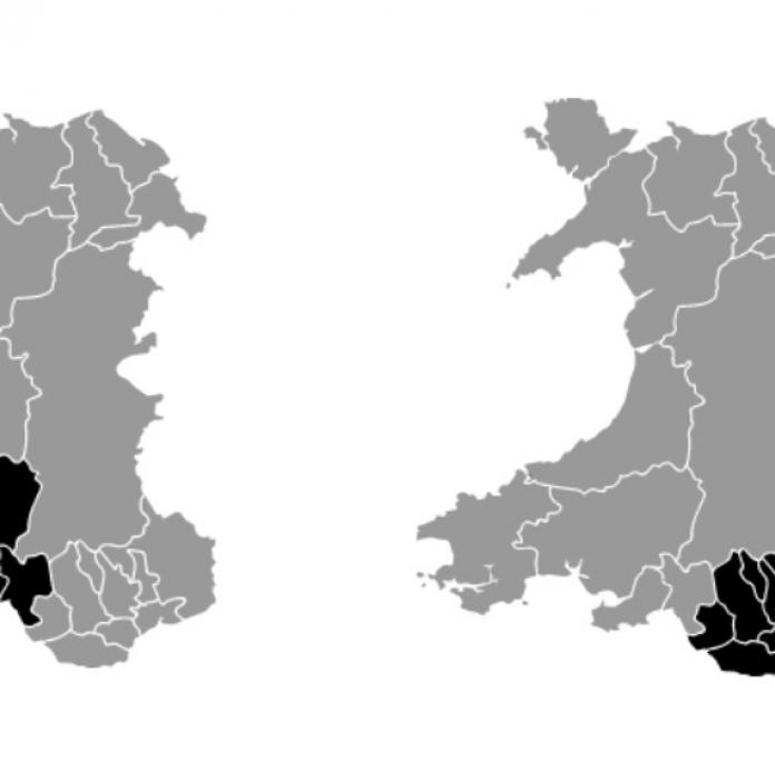 Two maps of Wales, one highlighting the West Wales region the other the South Wales region