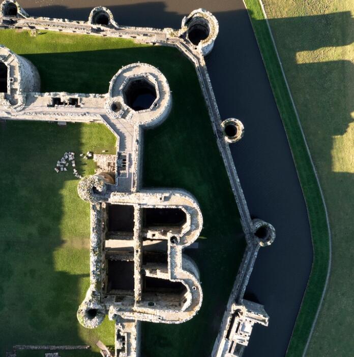 Bird's eye view of a large old castle