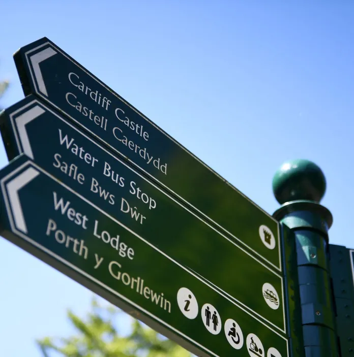 Green bilingual directional signs pointing towards Cardiff Castle, the water bus stop and West Lodge, with English and Welsh text against a clear blue sky. 