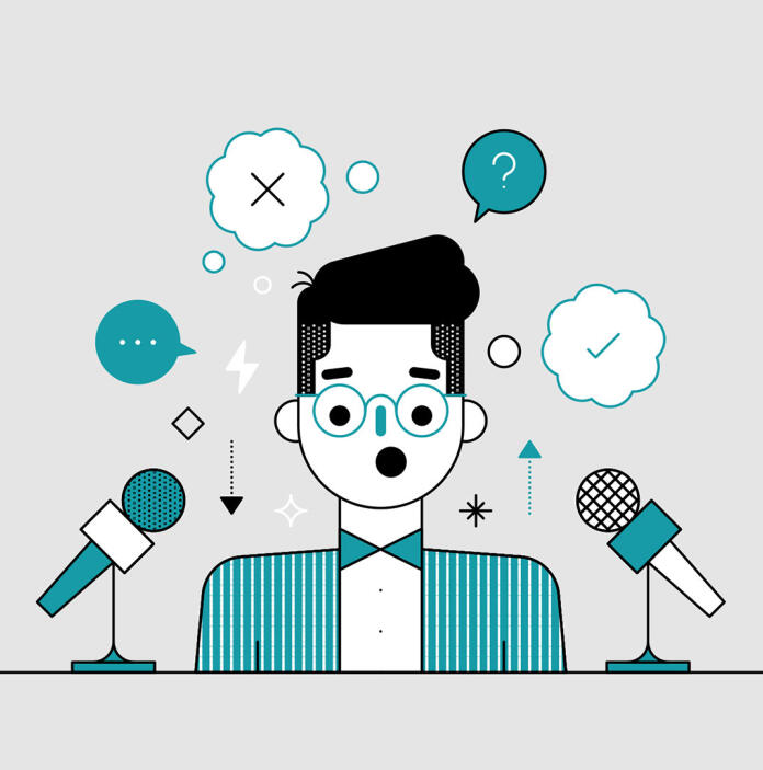 Infographic of a stressed male with microphones and speech bubbles pointing at him