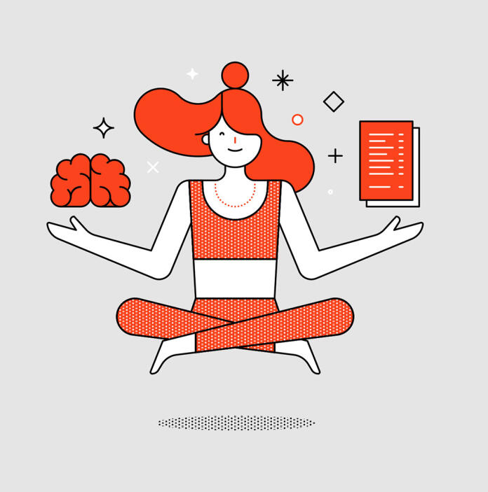 Infografik einer Frau, die Yoga praktiziert und in ihren Händen ein Gehirn und eine Liste balanciert