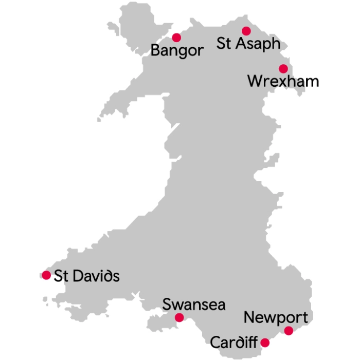 Map of the country of Wales, with cities highlighted