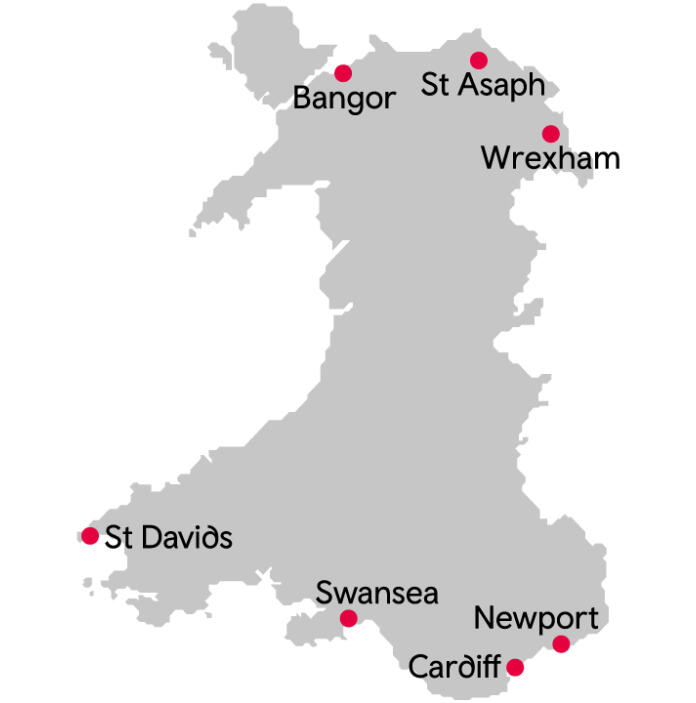 Map of the country of Wales, with cities highlighted 