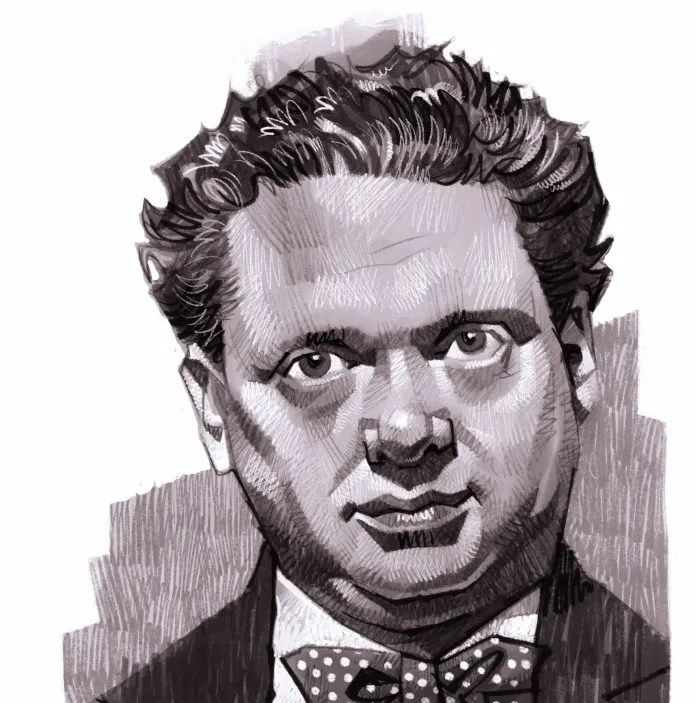 Un portrait illustré du visage d'un homme (Dylan Thomas)