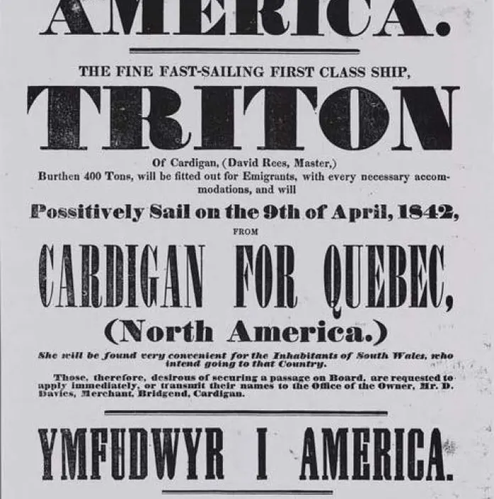 Cartel que anuncia un barco que zarpa de Cardigan hacia Quebec el 9 de abril de 1842.