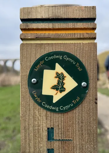 Close up of a Llwybr Coedwig Cymru Trail marker on a wooden post, with a path, walker, and viaduct blurred in the background.