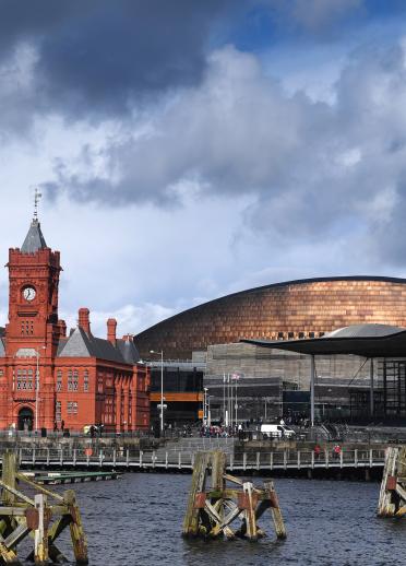 Cardiff Bay buildings including Wales Millennium Centre and the Senedd