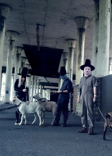 Miembros de NoGood Boyo de pie con perros.