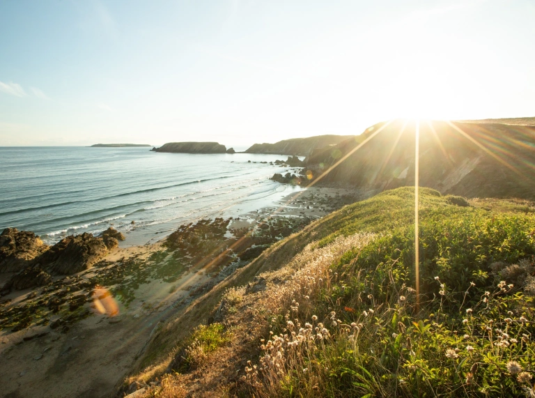 A view of Marloes Sands and the sea.