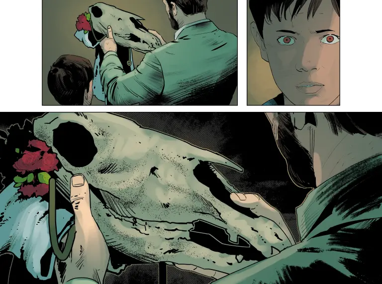A comic page showing a man examining a decorated animal skull while a child watches, followed by a close up of the skull and the child's startled expression. 