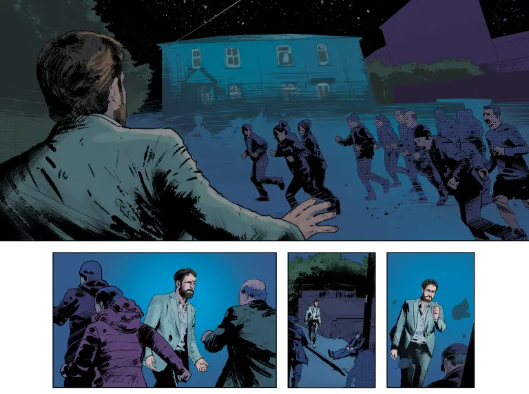 A comic page showing a man watching a group of people running at night before confronting several figures in a tense street scene. 