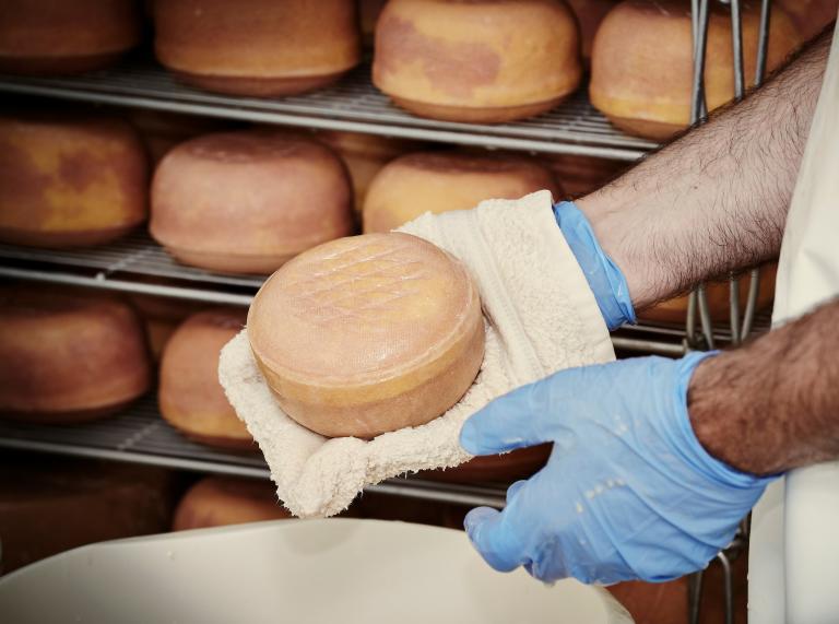 An employee holding a cheese round