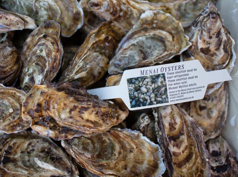 Close-up of Menai oysters with food label attached.
