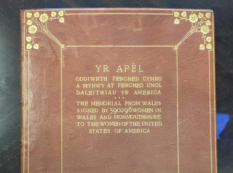 Der Einband eines alten braunen Buches mit dem Titel Yr Apel.