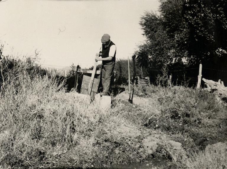 Image d'un homme debout dans un terrain accidenté couvert de végétation, déplaçant un morceau de bois debout fixé à une planche.