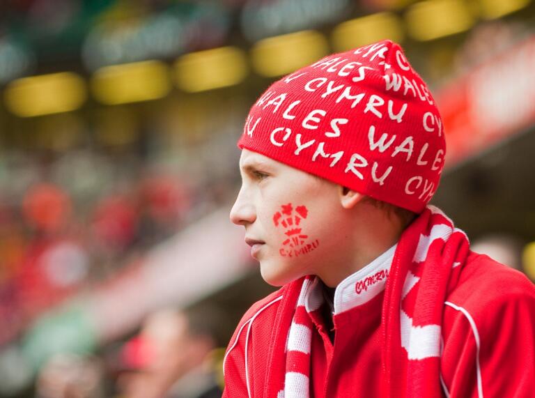 A young boy wearing Welsh rugby supporters clothes