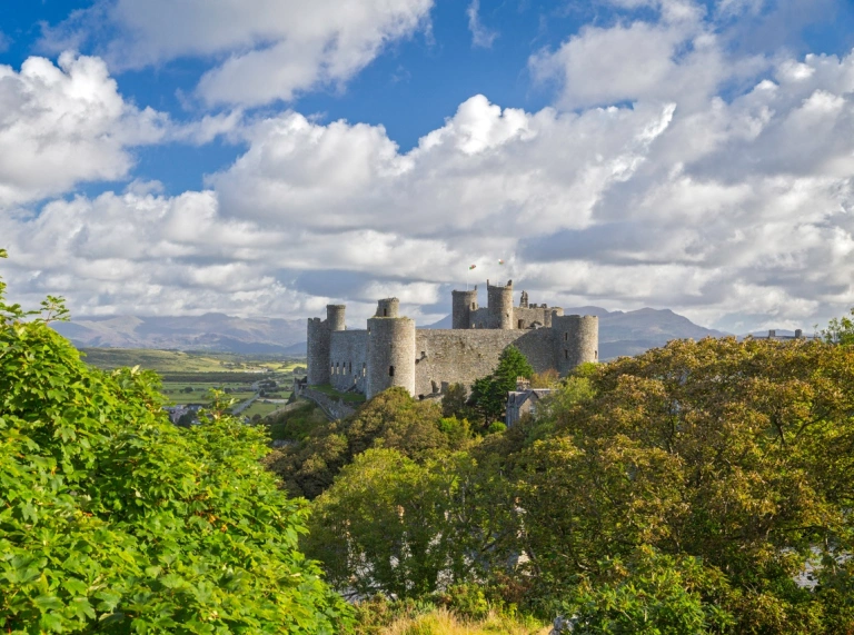 A large old castle against a blue sky
