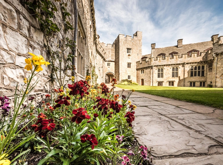 Un mur de château à côté d'un buisson fleuri et d'une pelouse verte.