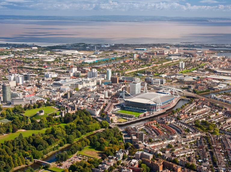 Aerial view of city centre and Bristol Channel Cardiff South Towns and Villages