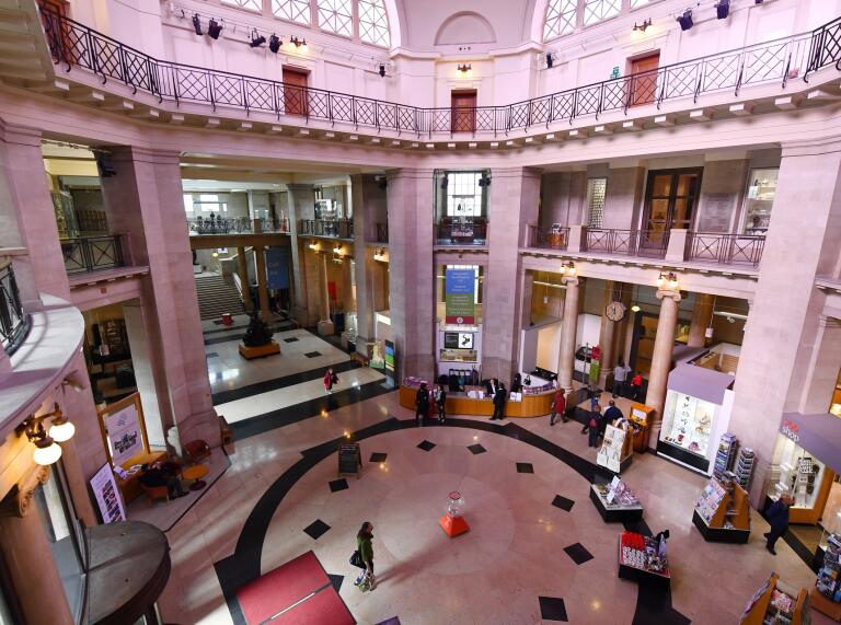 A view looking into the foyer of the museum.