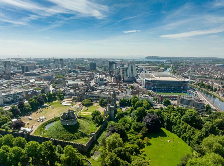 Cardiff Castle, Principality Stadium and city skyline.