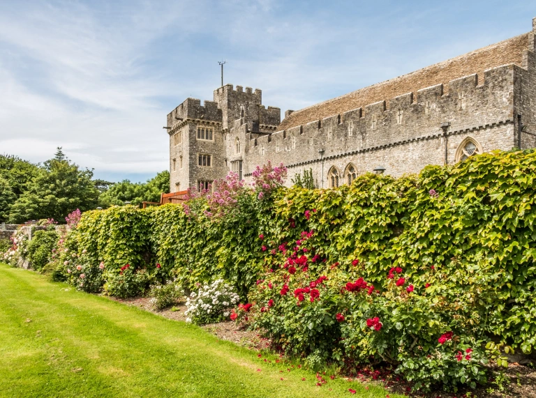 Un mur de château à côté d'un buisson fleuri et d'une pelouse verte.
