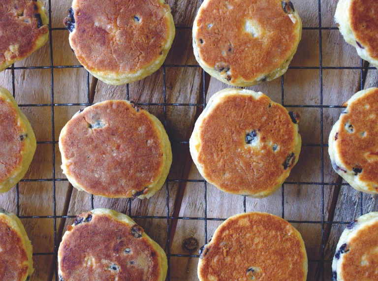 Gros plan sur des Welsh cakes qui refroidissent sur une grille.