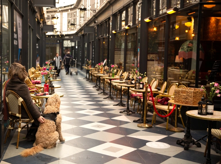 Vista interior de una galería comercial histórica, con asientos de cafetería y tiendas boutique.