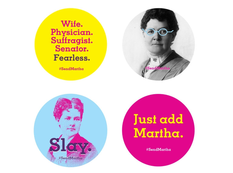 Four pin badge designs featuring Martha Hughes Cannon