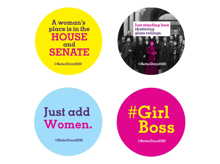 Four pin badge designs featuring Martha Hughes Cannon