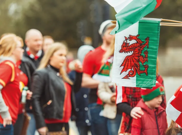 The welsh flag and people wearing welsh shirts.